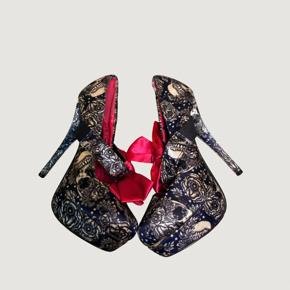 Y2K Iron Fist Floral Skull Print Platform Scene Pumps Bow Stiletto Heels